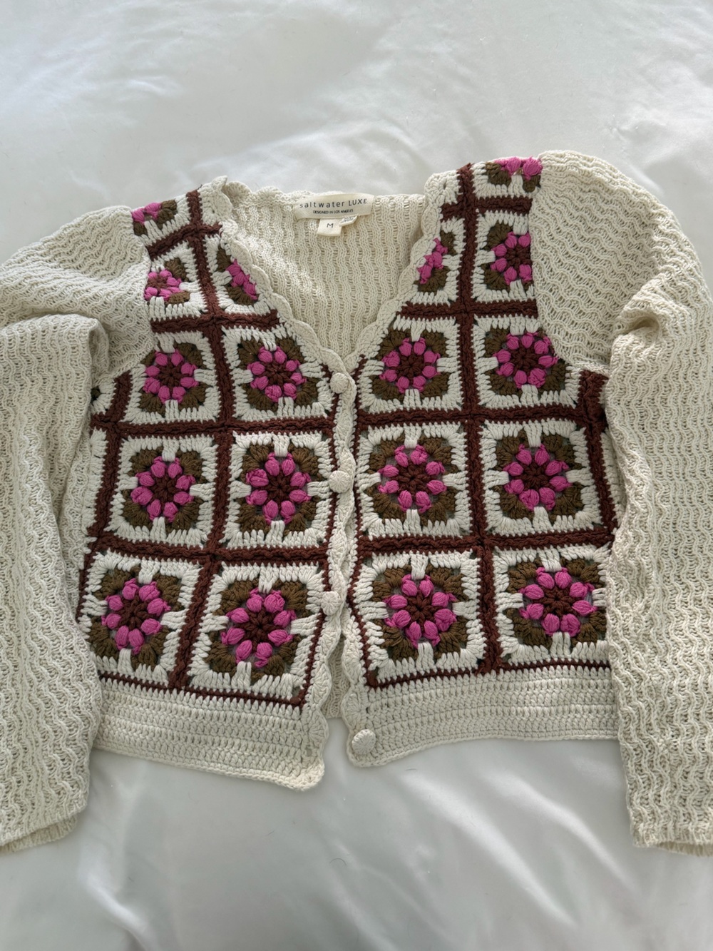 saltwater LUXE Cream Crochet Cardigan with Pink and Brown Motifs